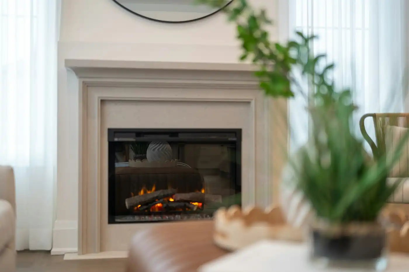 Modern fireplace with a warm glow