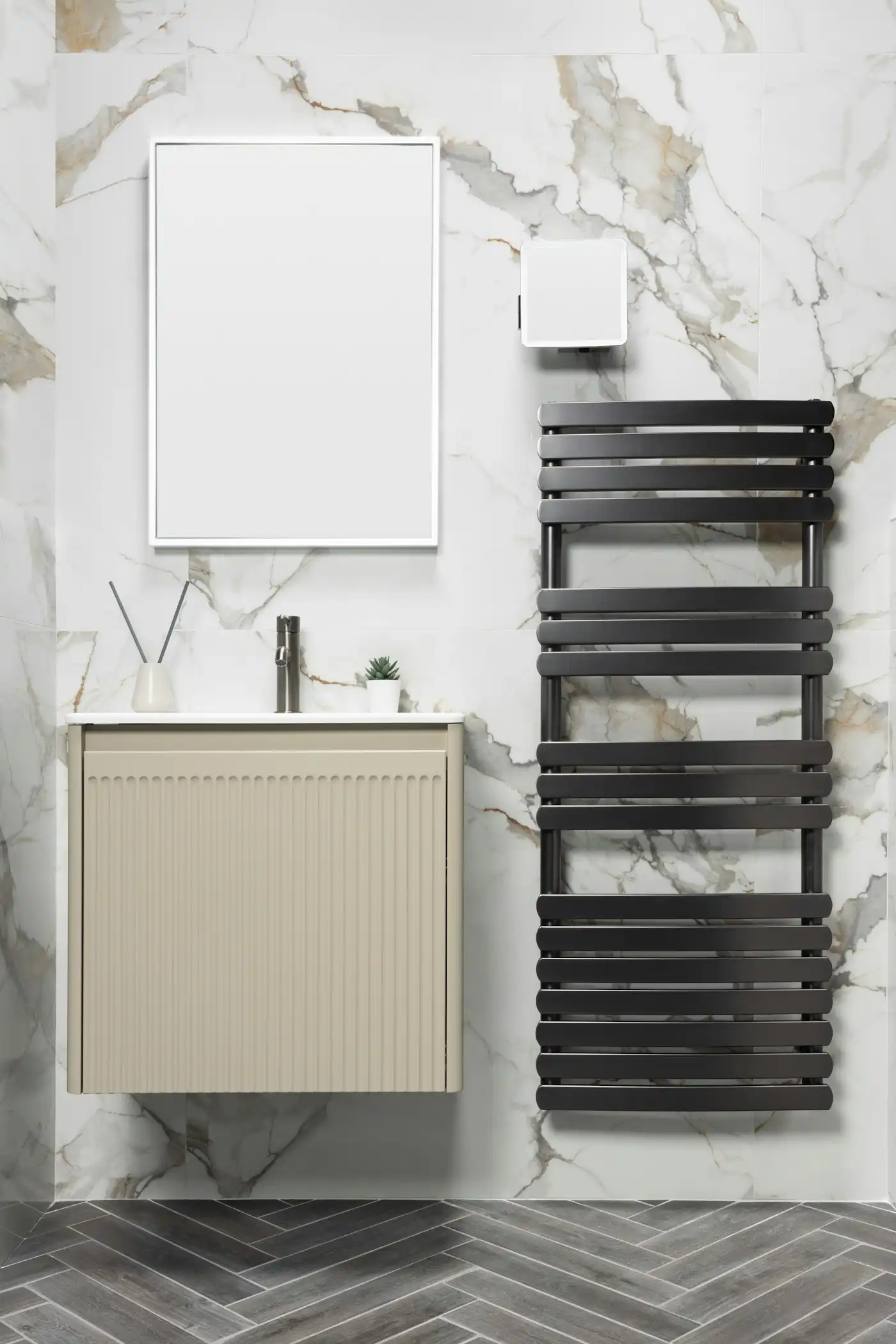 Beige bathroom with a black towel warmer