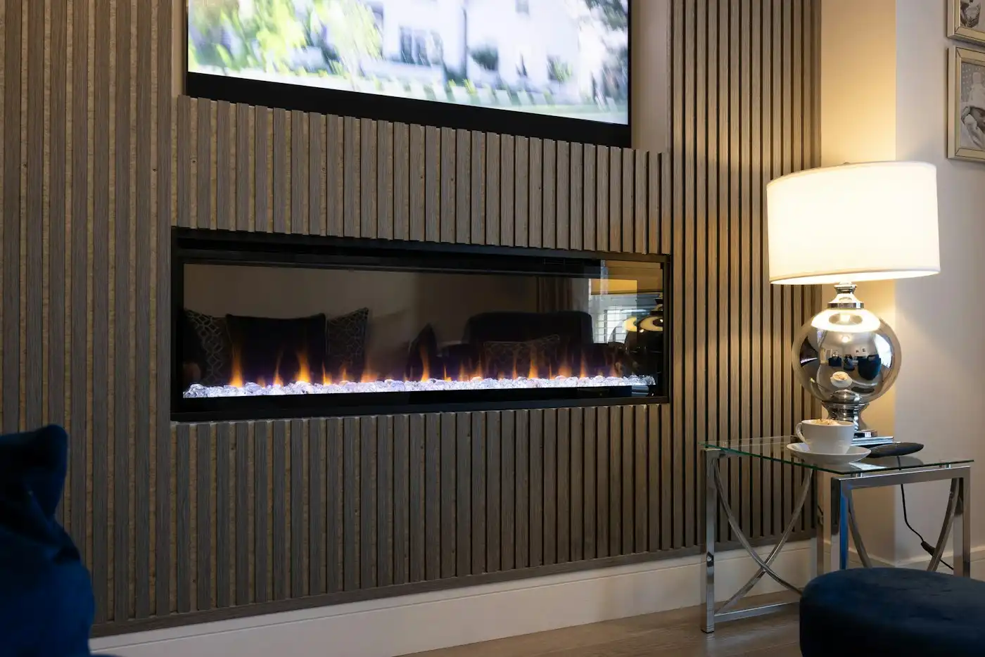 Living room with a built-in fireplace