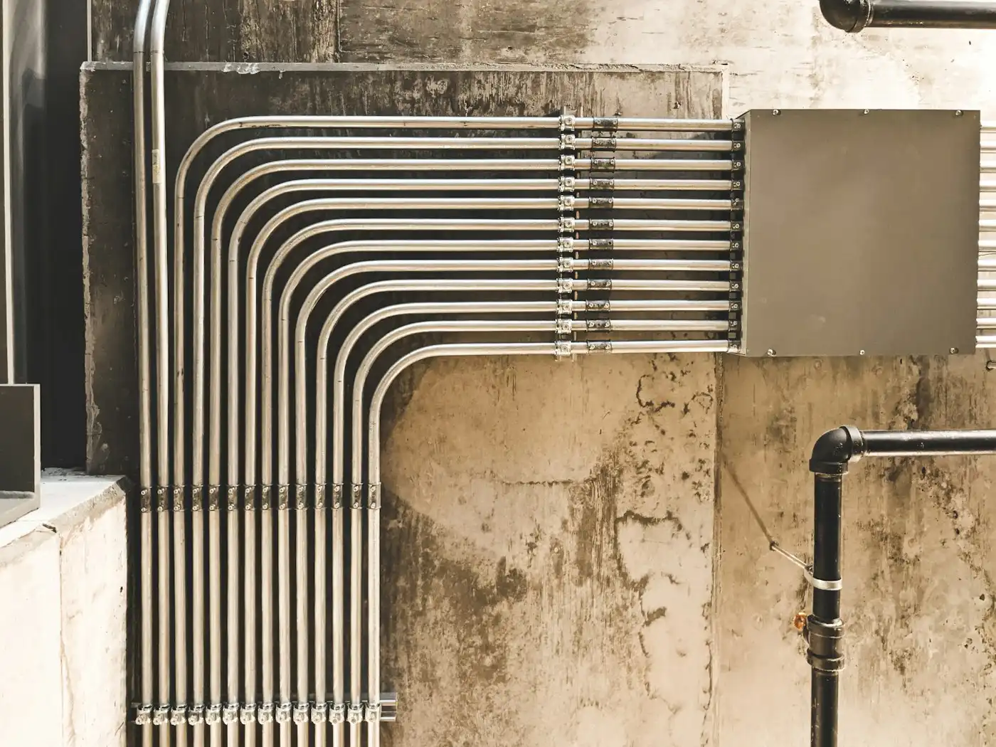 Heating pipework on a concrete wall
